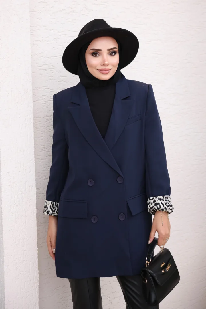 Lacivert Kruvaze Yaka Garnili Düğmeli Blazer Ceket