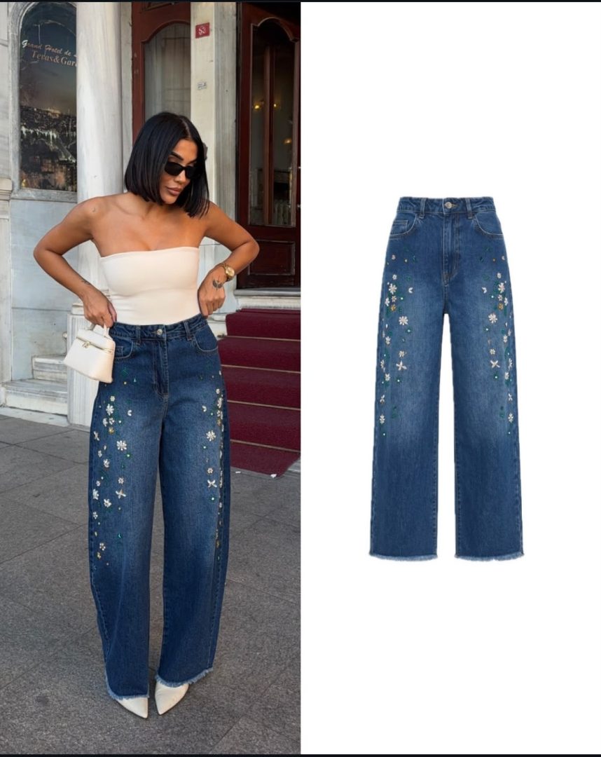 Taş detaylı bol paça jeans