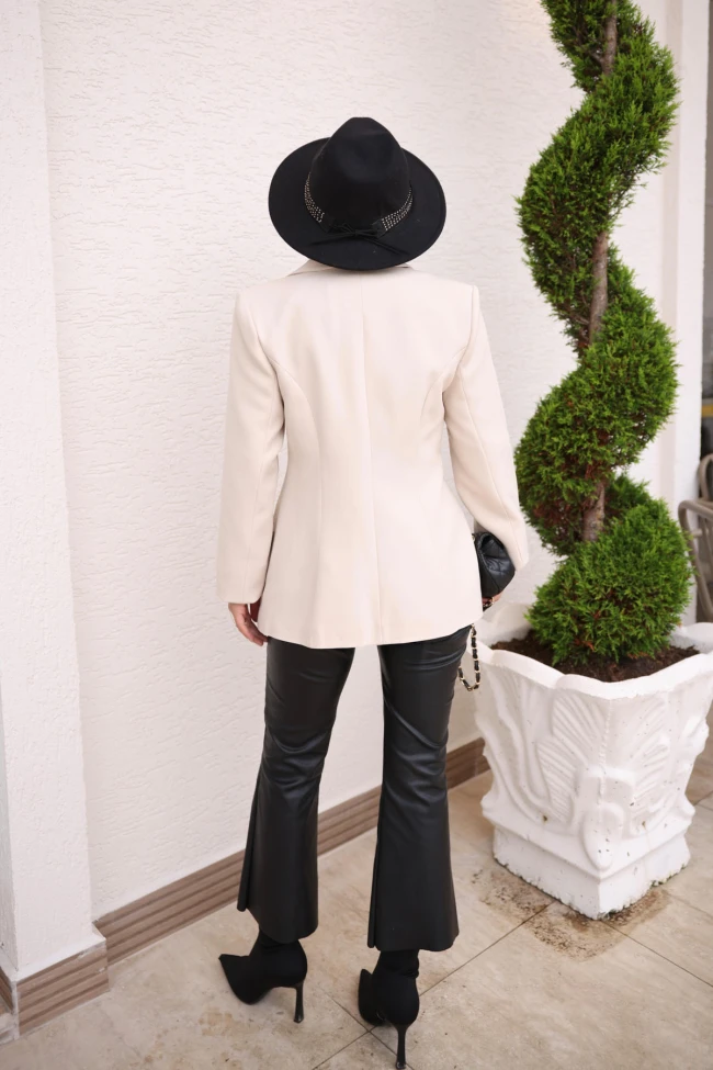 Bej Kruvaze Yaka Beli Pensli Blazer Ceket