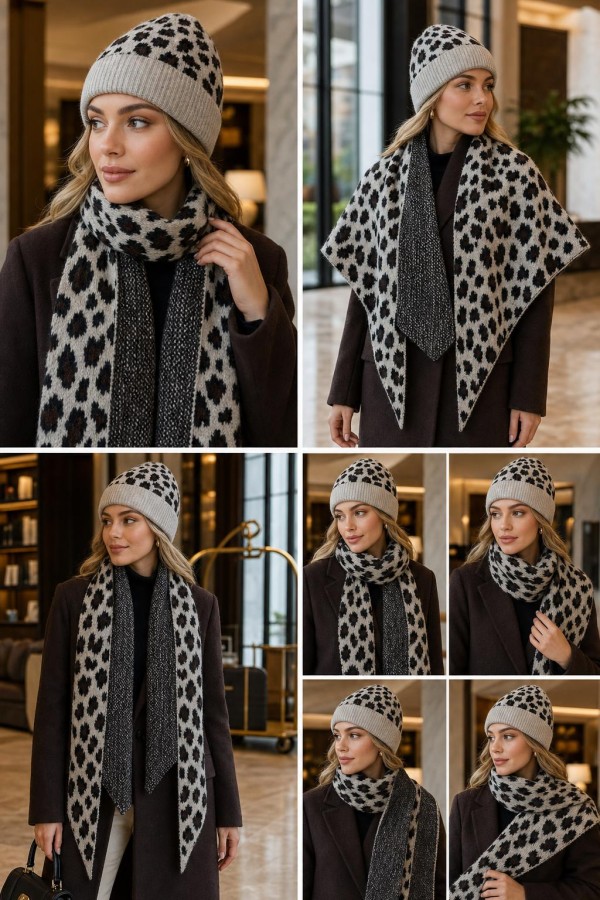 Bej Leopar Desenli Şal ve Şapka İkili Takım