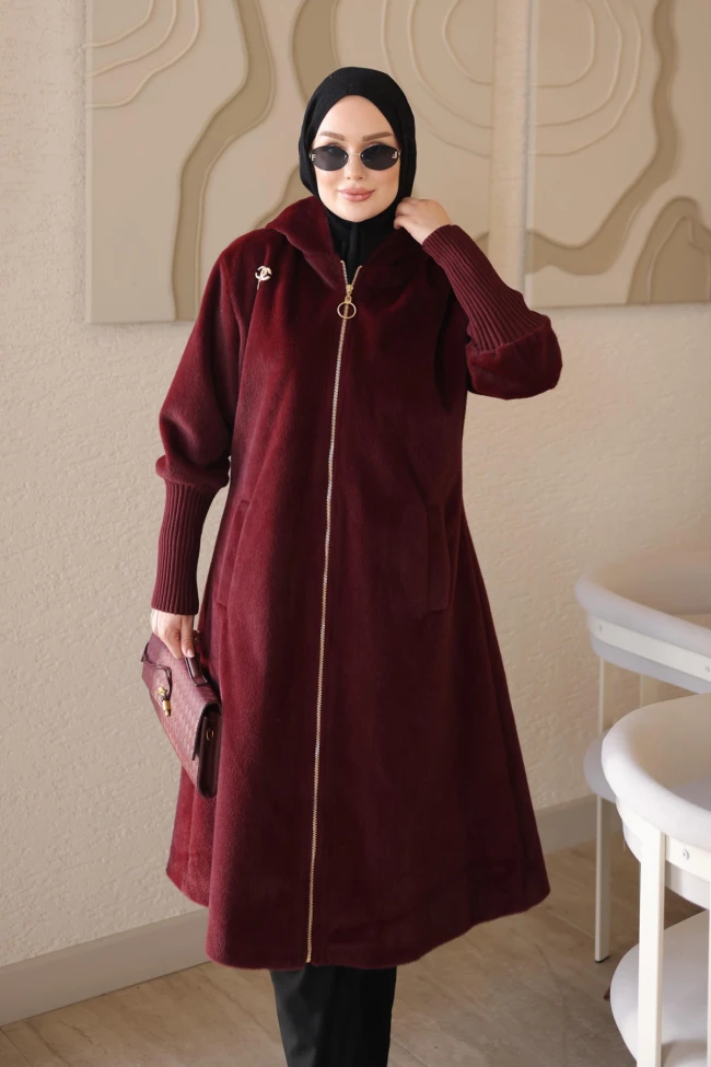 Bordo Kapüşonlu Kaban