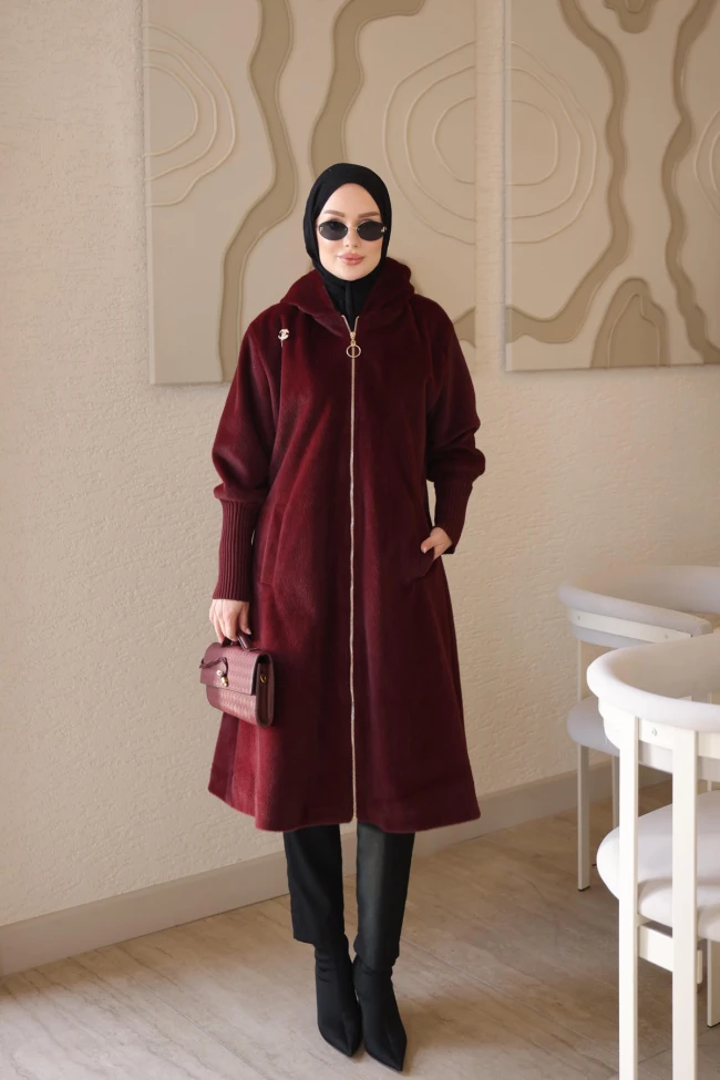 Bordo Kapüşonlu Kaban