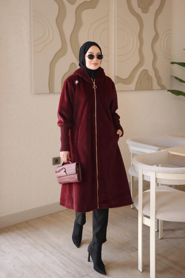 Bordo Kapüşonlu Kaban