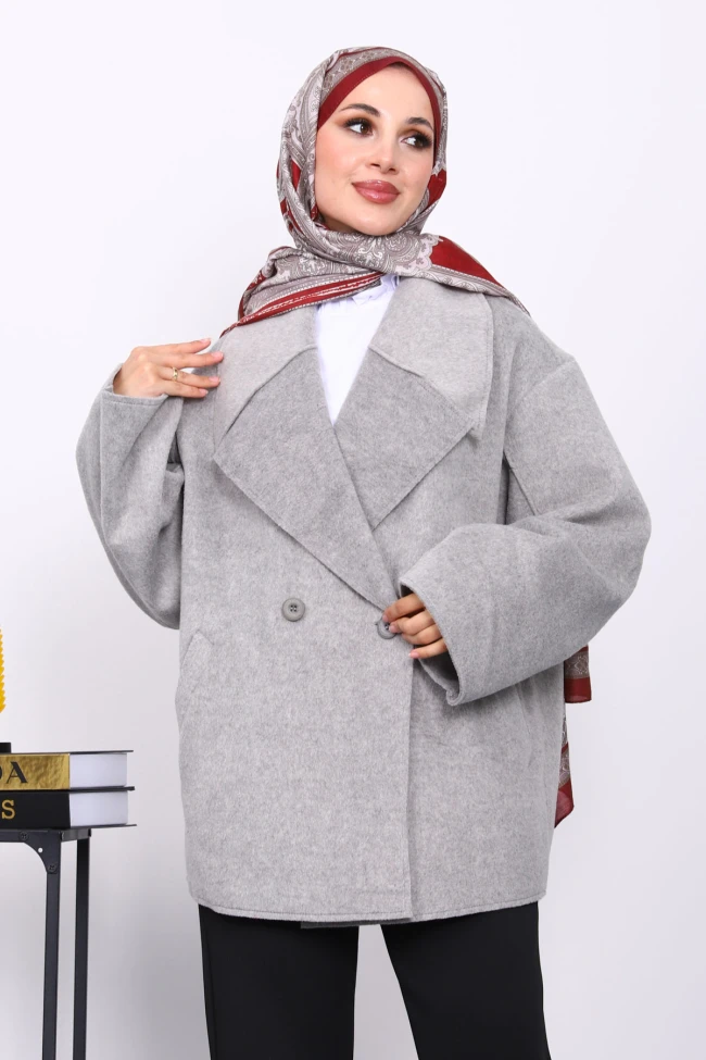 Gri Çift Cepli Kaşe Kaban