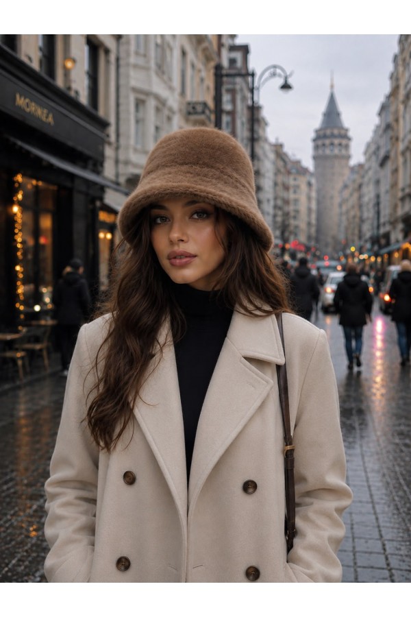 Kahverengi Peluş Bucket Şapka