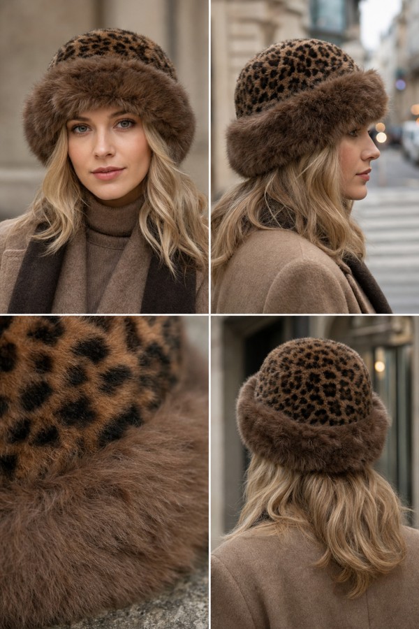 Leopar Desenli Kürklü Peluş Kalpak Şapka