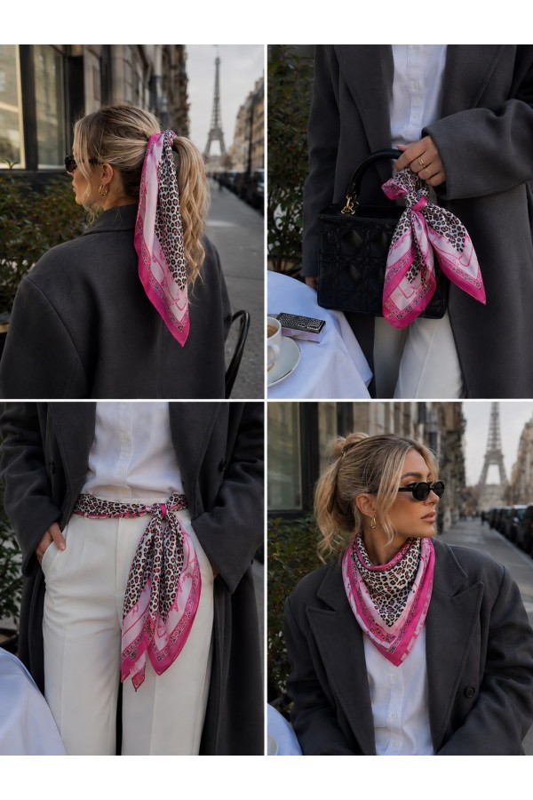 Pembe Leopar Desenli Bandana Fular 65x65 cm