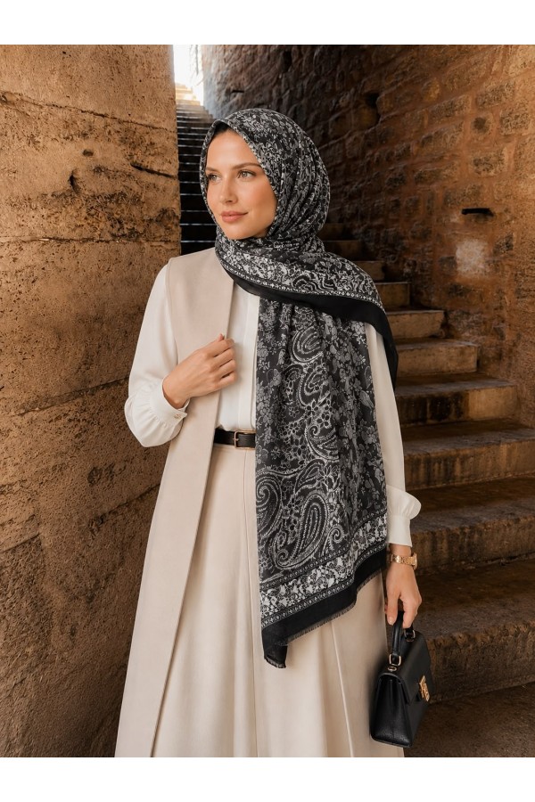 Black Patterned Soft Textured Scarf