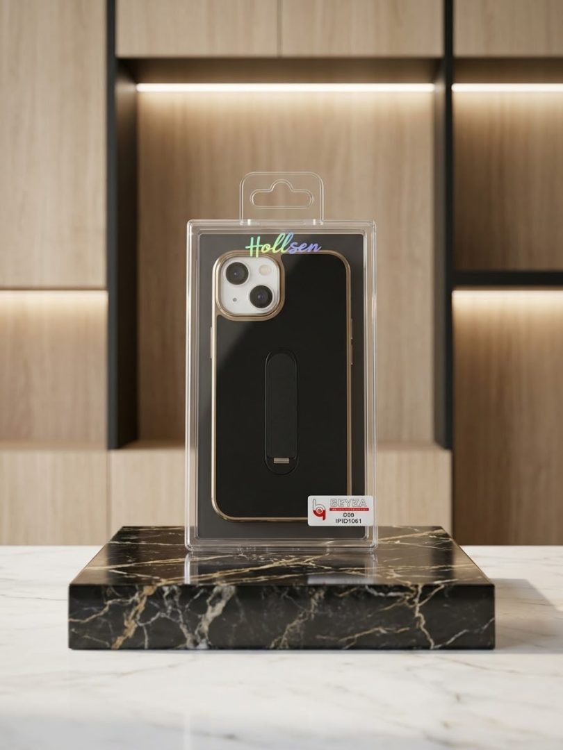 iPhone 13 Uyumlu Siyah Standlı ve Altın Detaylı Premium Kılıf