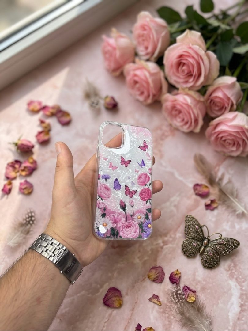 iPhone X / XS Uyumlu Sedef Işıltılı Gül ve Kelebek Tasarımlı Kılıf